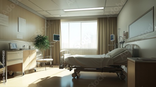 Patient room with a clean, minimalist design, featuring a single hospital bed and basic medical equipment, creating a calming healthcare stock image