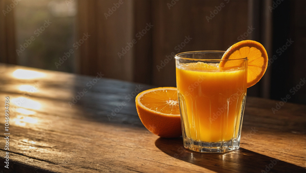 Freshly squeezed orange juice in a clear glass with a slice of orange, set on a wooden table with morning sunlight. Freshly squeezed orange juice in a clear glass with a slice of orange, set on a wooden table with morning sunlight.