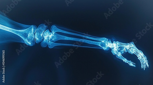 X-ray of a human hand and wrist, dark background