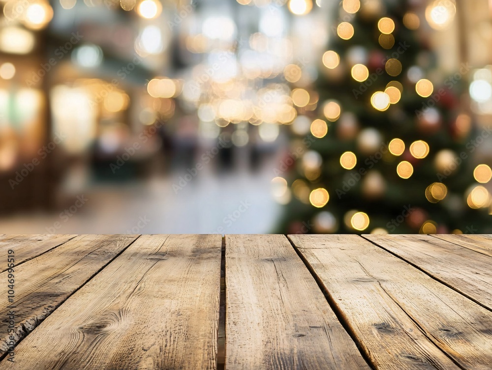 A warm, inviting wooden table in the foreground with a blurred Christmas tree and festive lights in the background, perfect for holiday gatherings. A warm, inviting wooden table in the foreground with a blurred Christmas tree and festive lights in the background, perfect for holiday gatherings.