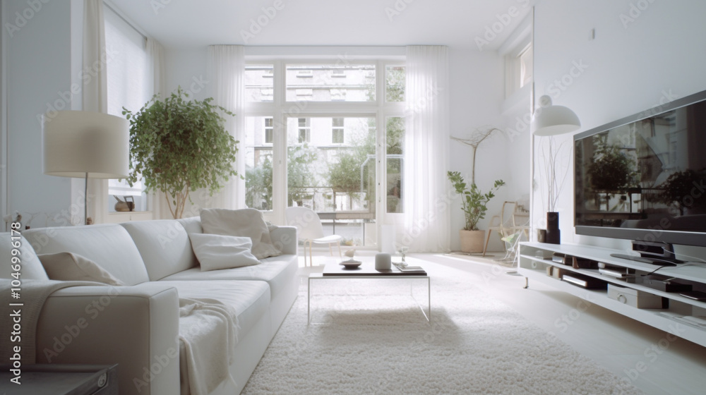 Fototapeta premium A well-placed mirror in the living room can make the space feel larger and more open white and gold theme modern interior cozy scandinavian living room with fireplace 