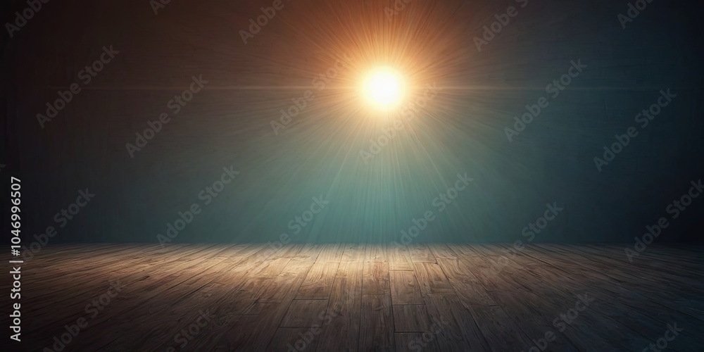 Obraz premium A dark room with a wooden floor and a sun shining through a window