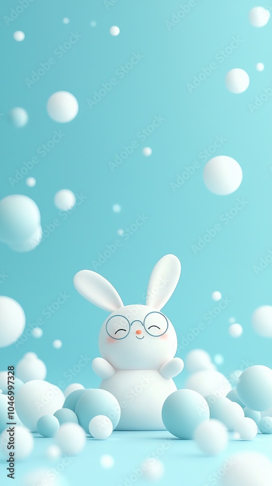 A cute cartoon bunny surrounded by soft blue bubbles, exuding a joyful and whimsical vibe, perfect for festive designs. A cute cartoon bunny surrounded by soft blue bubbles, exuding a joyful and whimsical vibe, perfect for festive designs.