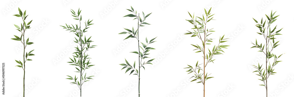 Fototapeta premium Set of tall slender bamboo stalk with green leaves, isolated on a white or transparent background, showing its smooth texture and natural simplicity