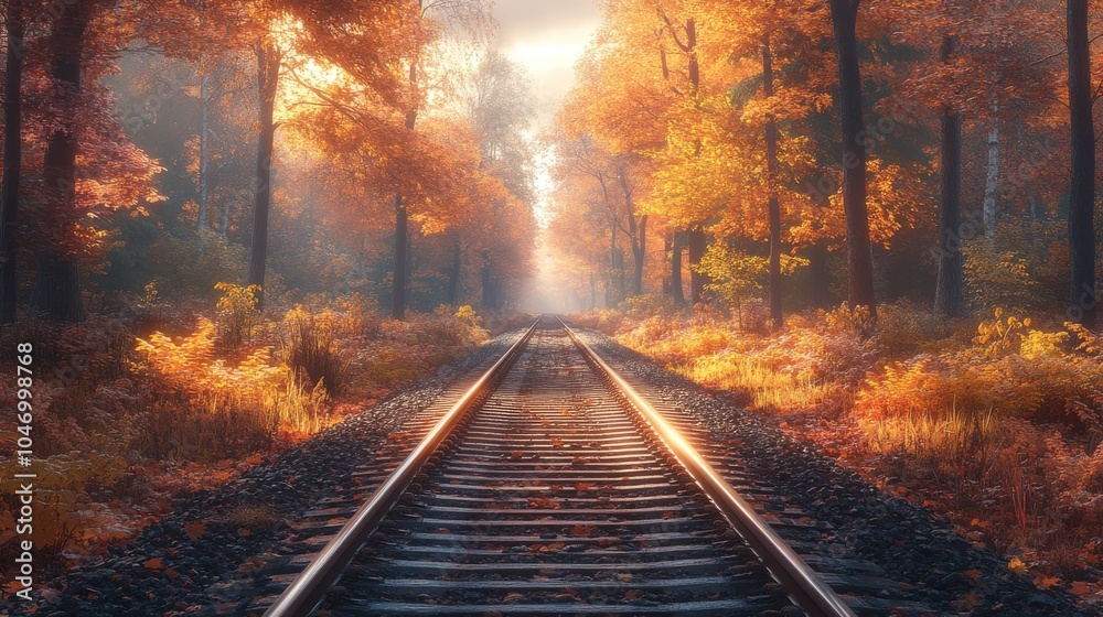 A train track runs through an autumn forest with sunlight highlighting the rusty rails and long shadows cast by the trees