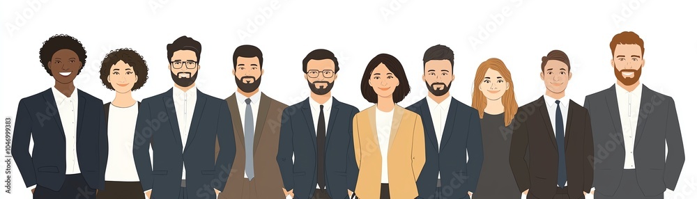 Diverse group of professionals in formal attire, standing together, white background. Diverse group of professionals in formal attire, standing together, white background.