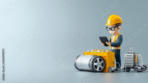 3D Automotive Engineer Holding an Electric Car Battery with Tiny Wheels Surrounding It Representing Innovation and Sustainable Transportation Technology