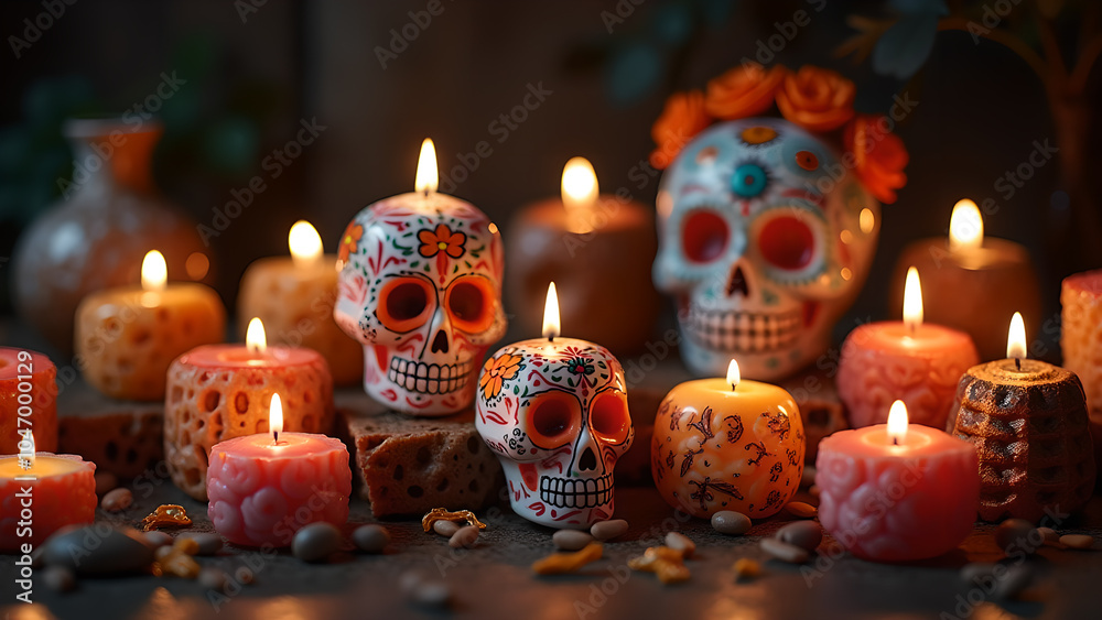Decorated Candles with Sugar Skulls day of the dead Background Decorated Candles with Sugar Skulls day of the dead Background