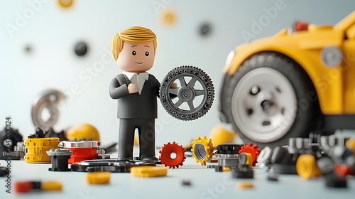 3D Clay Automotive Engineer Holding Wheel with Scattered Car Parts Automotive Industry Product Design and Development Concept photo