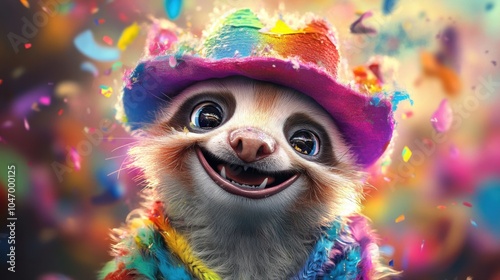 Whimsical animal portrait with colorful hats, exaggerated smiles, and a playful background, suitable for a fun stock image photo