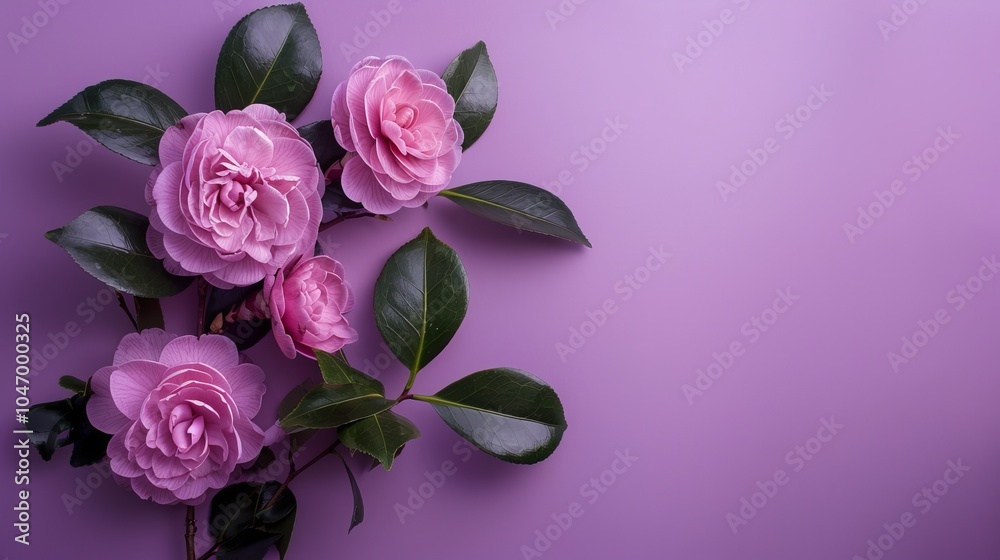 Fototapeta premium Pink camellias with green leaves on a purple background.