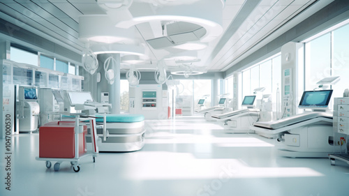 A consultation and diagnosis room for patients at a high-end health clinic. modern. Creating a Calm and Healing Environment: A Minimalist Hospital Room with Natural Light Generative AI

