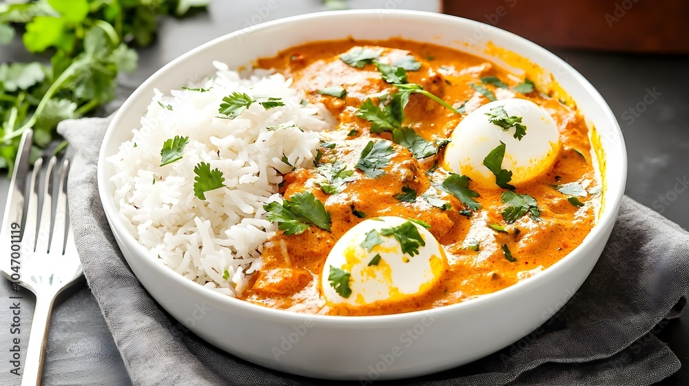 A mouthwatering egg curry dish featuring a rich spicy gravy and tender boiled eggs served alongside a bed of fragrant steamed rice for a complete and satisfying meal A mouthwatering egg curry dish featuring a rich spicy gravy and tender boiled eggs served alongside a bed of fragrant steamed rice for a complete and satisfying meal