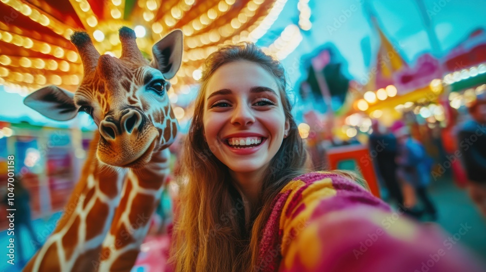 Whimsical animal selfie at a carnival, with bright colors, playful expressions, and a lively atmosphere, ideal for a fun stock photo Whimsical animal selfie at a carnival, with bright colors, playful expressions, and a lively atmosphere, ideal for a fun stock photo