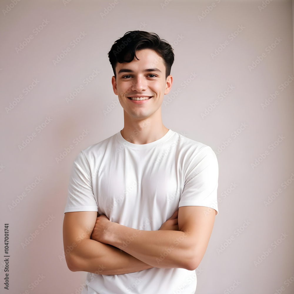 Confident Young Man Smiling in a Casual White T-Shirt with Arms Crossed Confident Young Man Smiling in a Casual White T-Shirt with Arms Crossed