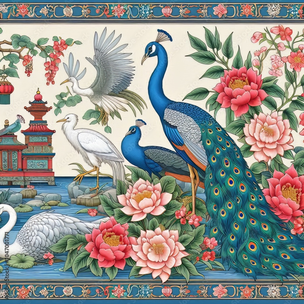 Border in chinoiserie style with herons, peacock and peonies. Vector Border in chinoiserie style with herons, peacock and peonies. Vector