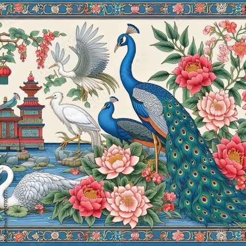 Border in chinoiserie style with herons, peacock and peonies. Vector