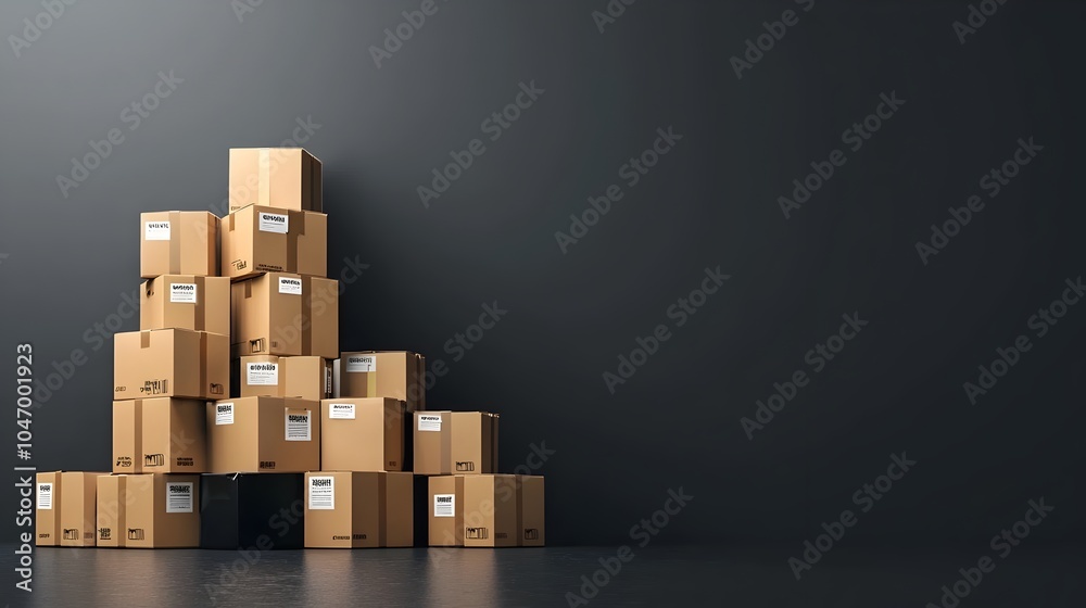 A stack of branded cardboard boxes with visible shipping information and corporate logos showcasing the logistics and e commerce concepts of efficient product packaging distribution and online retail A stack of branded cardboard boxes with visible shipping information and corporate logos showcasing the logistics and e commerce concepts of efficient product packaging distribution and online retail