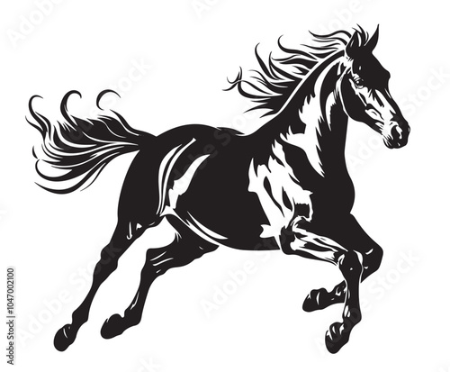 Horse silhouette, isolated outline mustang in vintage style. Horse silhouette, isolated monochrome drawing of animal in engraving motif. Black and white vector illustration.