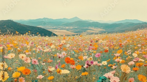 a colorful painting shows mountains and mountains with flowers photo