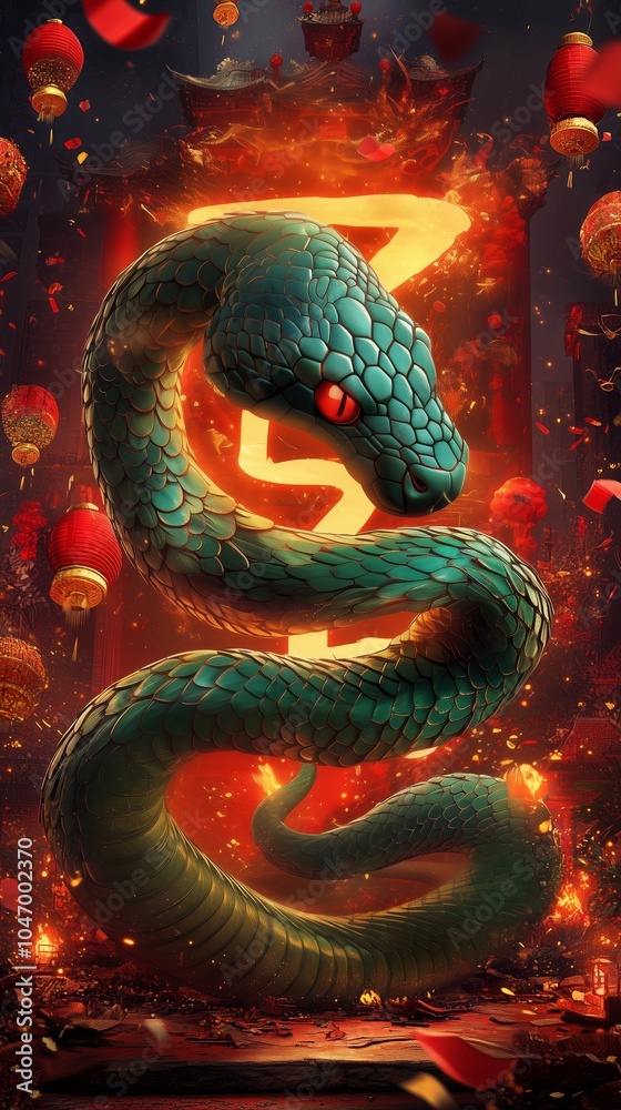 A powerful green snake coiled amidst red lanterns in a vibrant New Year's celebration, with glowing eyes and fiery accents in an Asian-inspired festive scene
A powerful green snake coiled amidst red lanterns in a vibrant New Year's celebration, with glowing eyes and fiery accents in an Asian-inspired festive scene