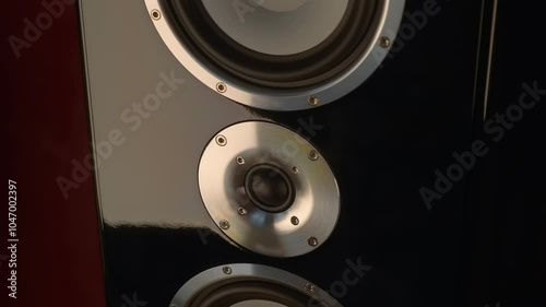 Beautiful tweeter and midbass speakers as well as big vibrations of powerful woofers in a beautiful, piano-lacquered, musical high-end speaker. Closeup. Macro. Shot in motion photo