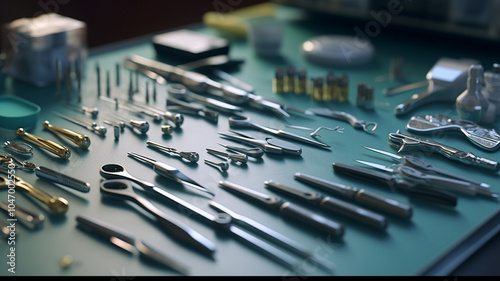 Ampules and phials containing a drug dose next to syringes on a surgical tray 