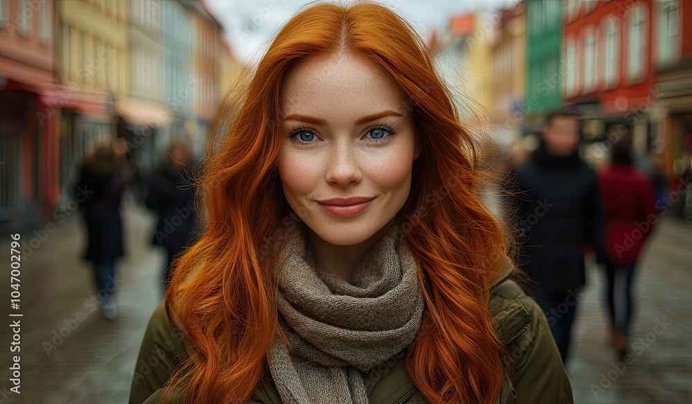A beautiful woman with long red hair, wearing an olive jacket and scarf, stands on the street among skinny fashion women in a big city. A beautiful woman with long red hair, wearing an olive jacket and scarf, stands on the street among skinny fashion women in a big city.