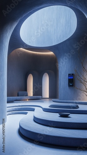 A contemporary meditation dome with curved walls and programmable lighting, featuring sound therapy equipment photo