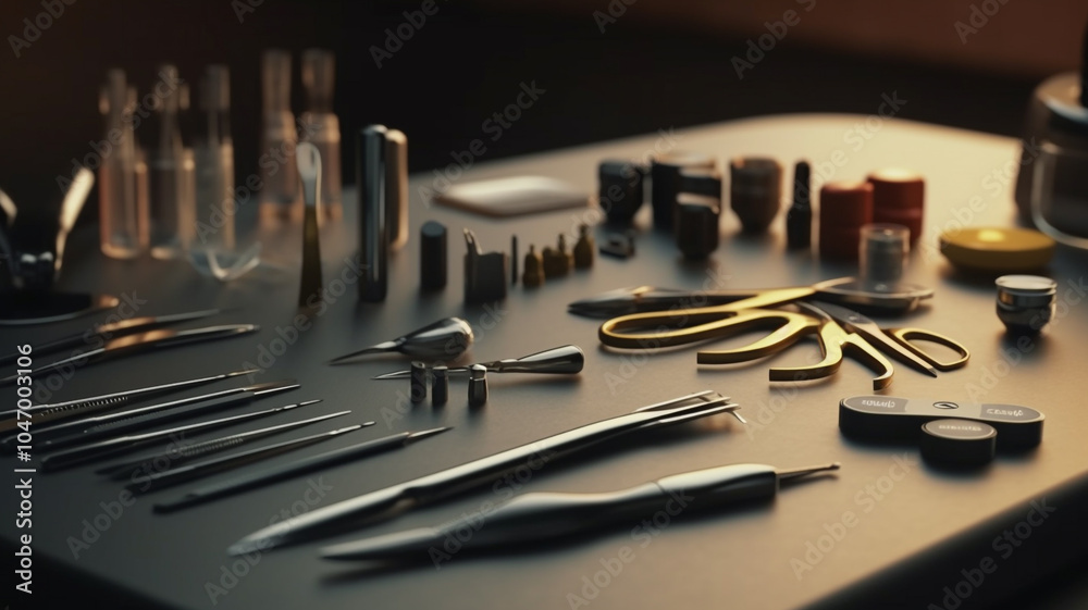 A collection of kitchen utensils placed on a black surface for display or storage Several knives and forks in black gold and silver on a dark concrete background A collection of kitchen utensils placed on a black surface for display or storage Several knives and forks in black gold and silver on a dark concrete background