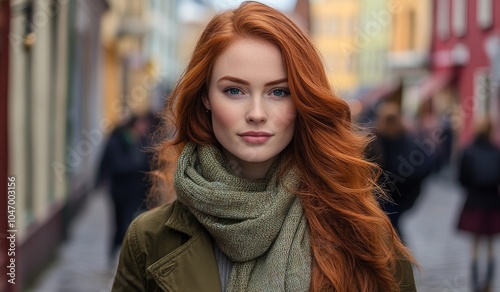 A beautiful woman with long red hair, wearing an olive jacket and scarf, stands on the street among skinny fashion women in a big city.