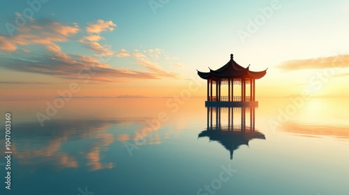 Serene Pavilion at Sunset Over Calm Waters