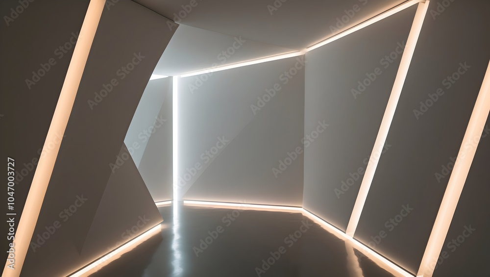 Obraz premium modern interior space featuring geometric walls and soft lighting creates unique atmosphere. interplay of light and shadow enhances architectural design, inviting exploration