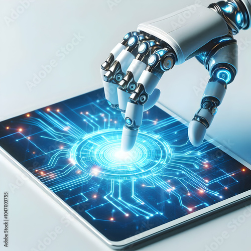3D Robotic Arm Adjusting Holographic Interface Tablet Floating Neon Lines Bright Glow Copy Space Close Up Isolated Icon White Background Technology Concept 3D Rendering Digital Interaction