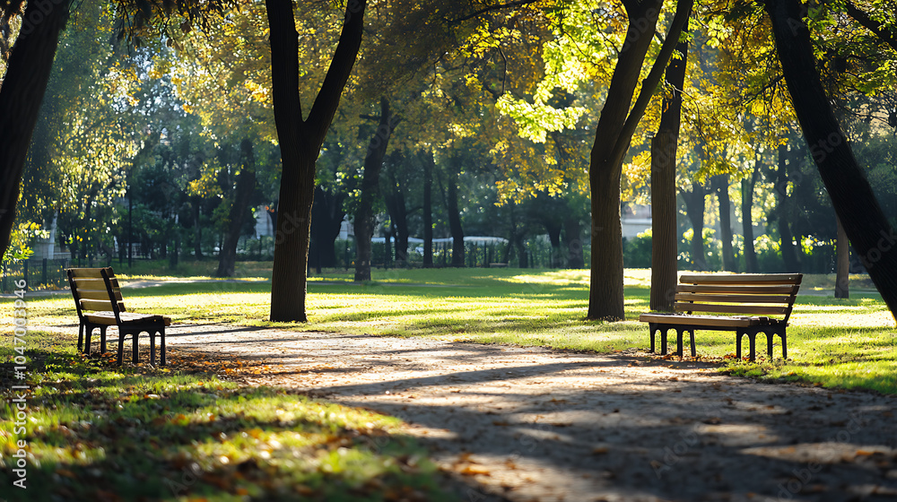 Park: Quiet park scene, detailed benches under tall trees, sunlight casting long shadows Park: Quiet park scene, detailed benches under tall trees, sunlight casting long shadows