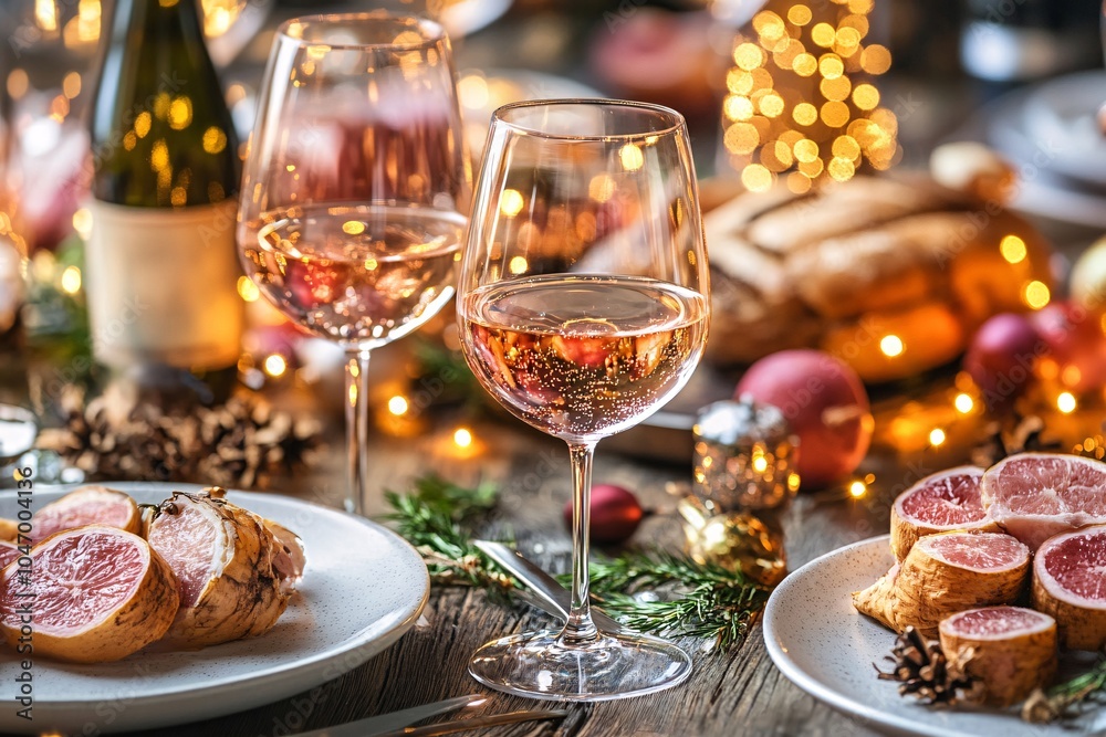 Festive Christmas Table Setting with Wine and Decorations Festive Christmas Table Setting with Wine and Decorations