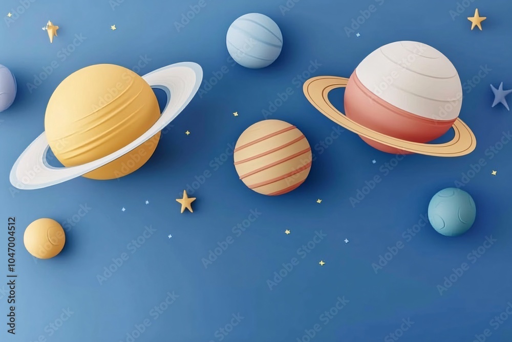 Colorful Paper Planets and Stars on Blue Background Outer Space Design Colorful Paper Planets and Stars on Blue Background Outer Space Design
