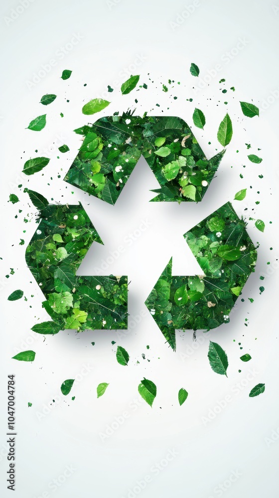A recycling symbol composed of fresh green leaves on a clean white background, symbolizing environmental responsibility and the importance of recycling. A recycling symbol composed of fresh green leaves on a clean white background, symbolizing environmental responsibility and the importance of recycling.