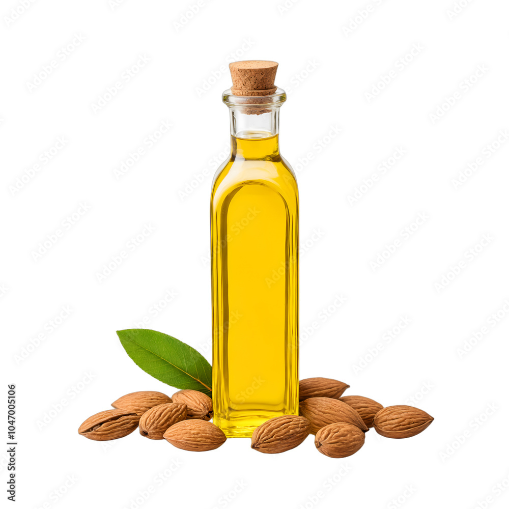 Olive, almonds oil bottle with leaves and nuts isolated on transparent background
Olive, almonds oil bottle with leaves and nuts isolated on transparent background