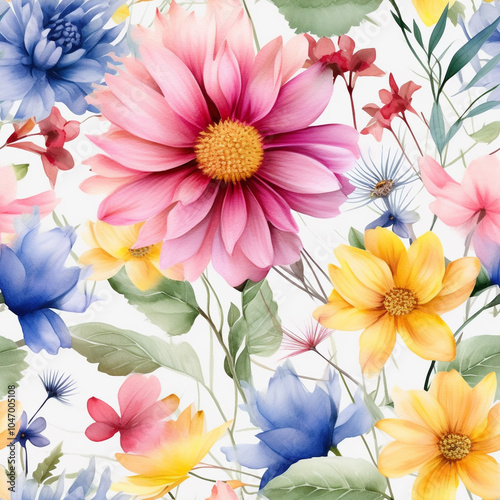 Seamless Colorful flowers a blue and white floral pattern with a blue flower in the center. The blue flowers are surrounded by green leaves 