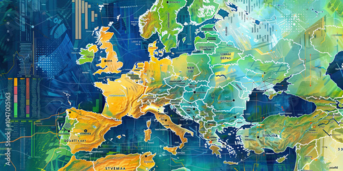 A collage of European maps and graphs, focusing on environmental issues such as air pollution and renewable energy usage.