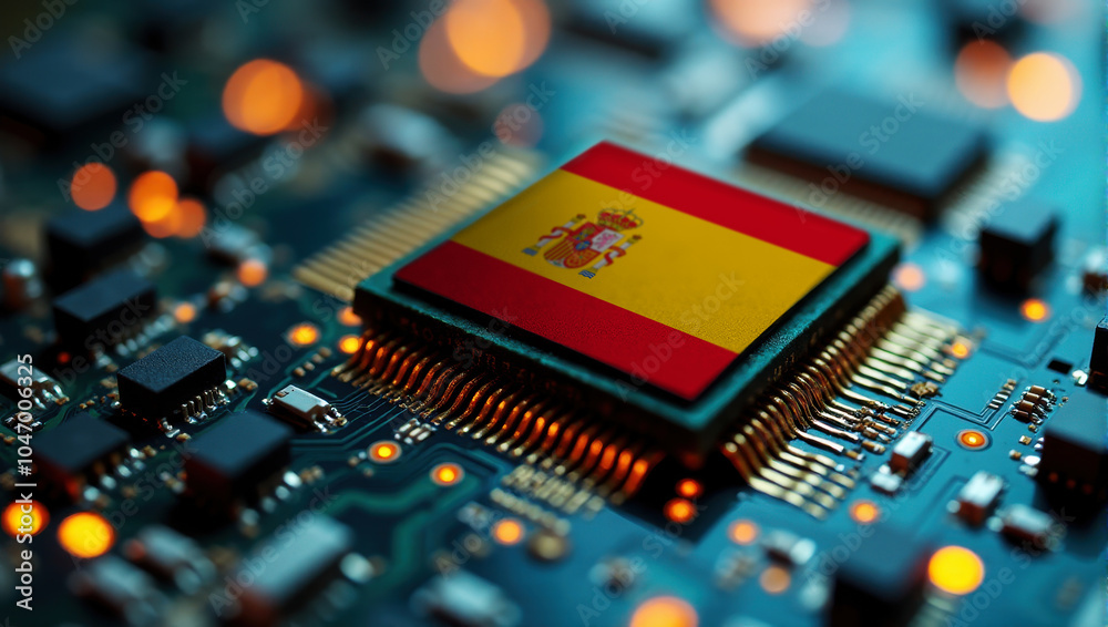 A Spain themed chip is embedded on a circuit board with illuminated pathways, highlighting innovation in electronics and cutting-edge hardware. A Spain themed chip is embedded on a circuit board with illuminated pathways, highlighting innovation in electronics and cutting-edge hardware.