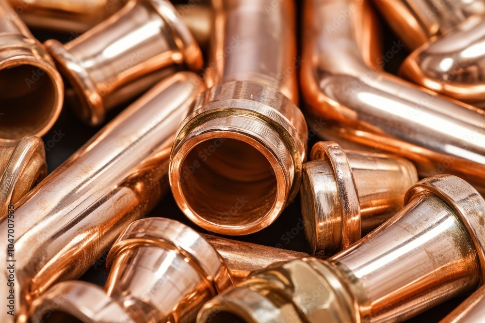 Naklejka premium Copper Pipes Construction for Plumbing Work with Metal Fittings on Water Background