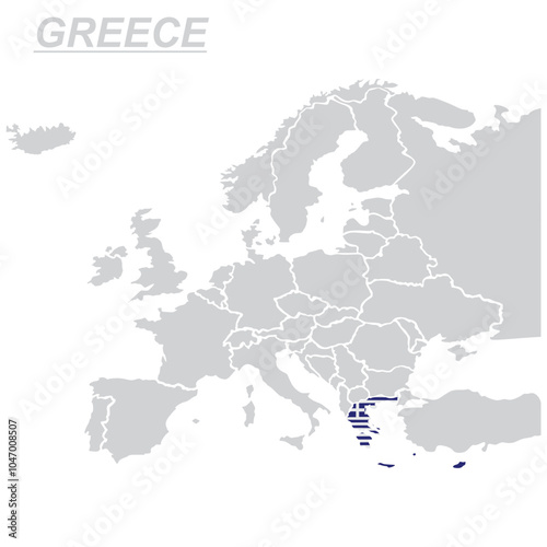 Map of Europe with Greece highlighted. Greek flag.