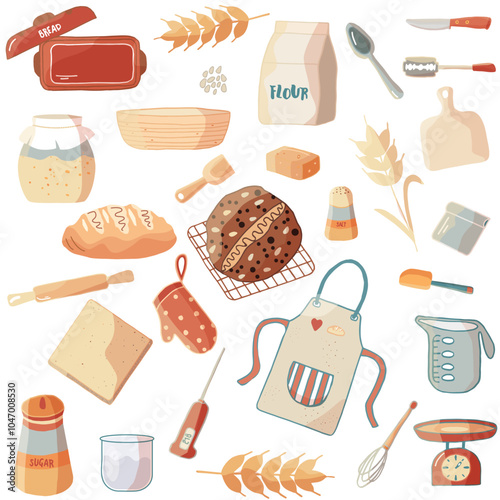 Sourdough bread homemade set of items. Hand drawn vector elements for preparation of dough and loaf baking. Colorful isolated objects on white background.