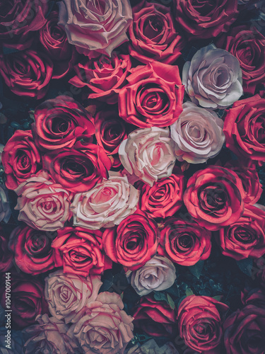 A vintage-inspired image of a wall covered in pink and red roses.