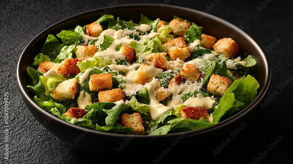 A Classic Caesar Salad. A Caesar salad with romaine lettuce, croutons, and Parmesan cheese, drizzled with Caesar dressing A Classic Caesar Salad. A Caesar salad with romaine lettuce, croutons, and Parmesan cheese, drizzled with Caesar dressing