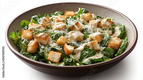 A Classic Caesar Salad. A Caesar salad with romaine lettuce, croutons, and Parmesan cheese, drizzled with Caesar dressing