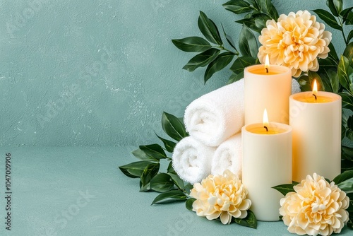 Relaxing setting with candles, towels, and flowers on soft background. photo