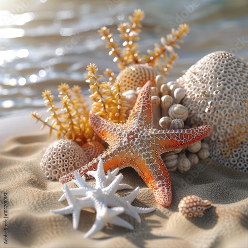 Closeup of a 3D model of a starfish and coral on the sand, summer photo